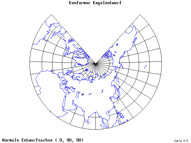 Conical Conformal Projection - 0°E, 90°N, 90° - standard