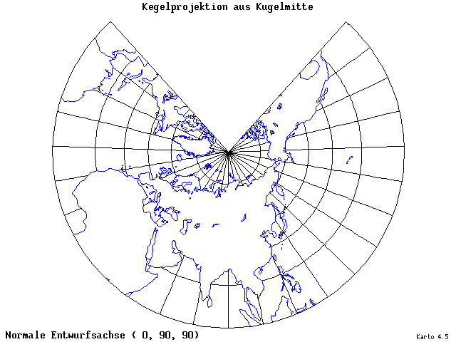 Conical Gnomonic Projection - 0°E, 90°N, 90° - standard