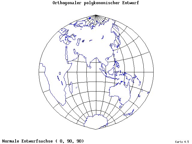 Polyconic Projection (orthogonal grid) - 0°E, 90°N, 90° - standard