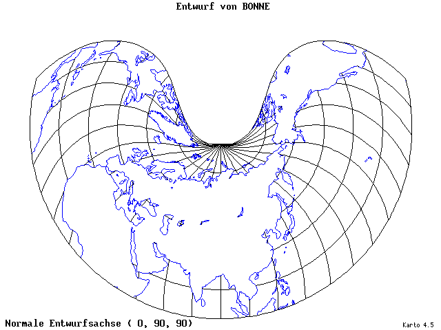 Bonne's Projection - 0°E, 90°N, 90° - standard