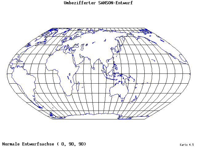 Sanson's Projection (modified) - 0°E, 90°N, 90° - standard