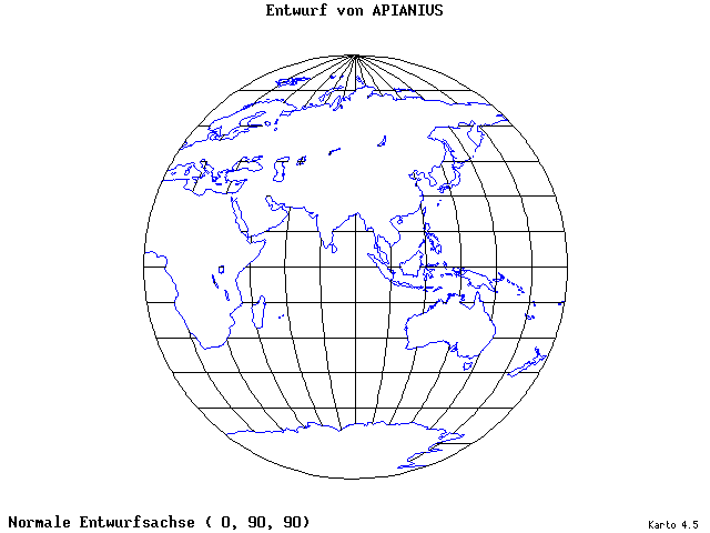 Apianius' Projection - 0°E, 90°N, 90° - standard