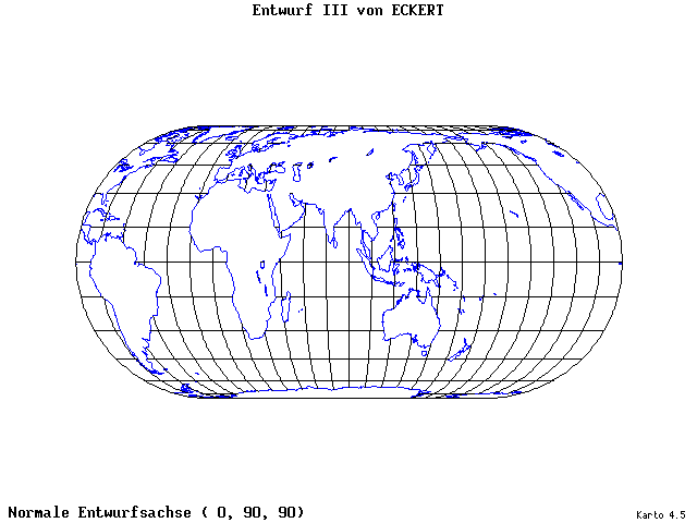 Pseudocylindrical Projection (Eckhart III) - 0°E, 90°N, 90° - standard