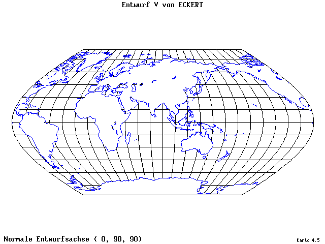 Pseudocylindrical Projection (Eckhart V) - 0°E, 90°N, 90° - standard