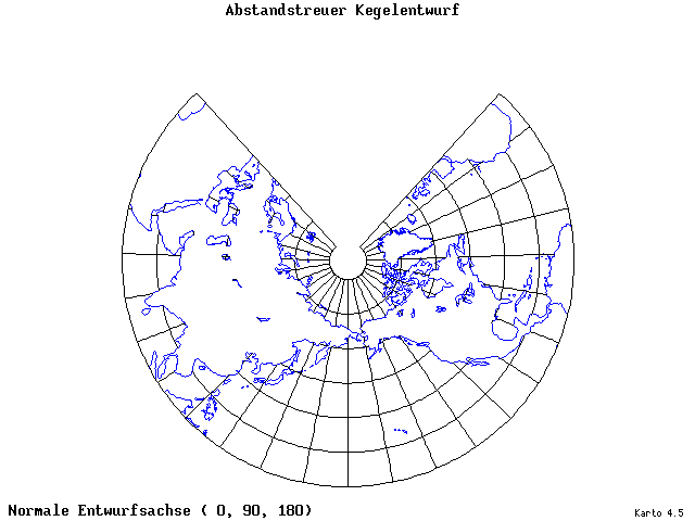 Conical Equidistant Projection - 0°E, 90°N, 180° - standard