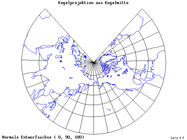 Conical Gnomonic Projection - 0°E, 90°N, 180° - standard