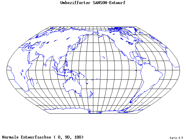 Sanson's Projection (modified) - 0°E, 90°N, 180° - standard