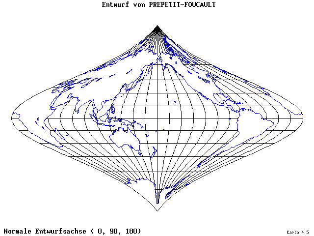 Prepetit-Foucault Projection - 0°E, 90°N, 180° - standard