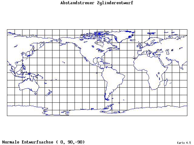 Cylindrical Equidistant Projection - 0°E, 90°N, 270° - standard