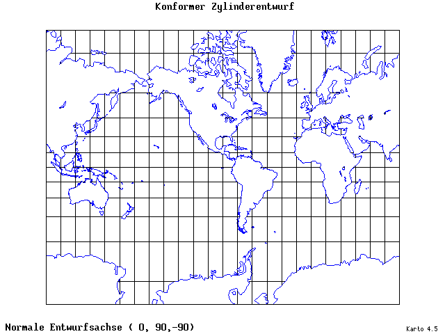 Mercator's Cylindrical Conformal Projection - 0°E, 90°N, 270° - standard