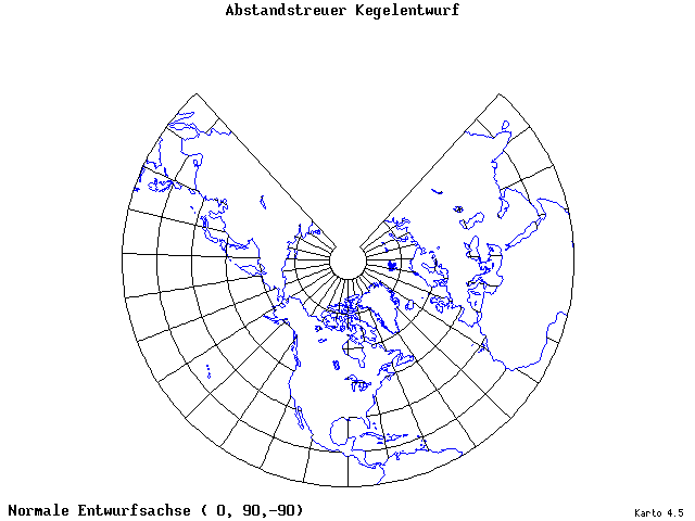 Conical Equidistant Projection - 0°E, 90°N, 270° - standard