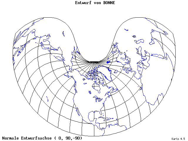 Bonne's Projection - 0°E, 90°N, 270° - standard