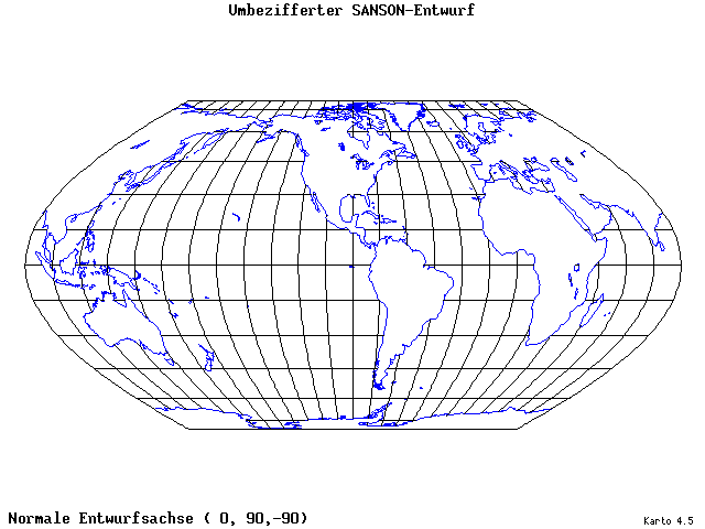 Sanson's Projection (modified) - 0°E, 90°N, 270° - standard