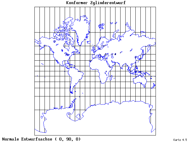 Mercator's Cylindrical Conformal Projection - 0°E, 90°N, 0° - wide