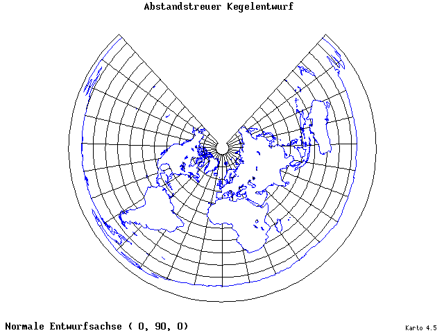 Conical Equidistant Projection - 0°E, 90°N, 0° - wide