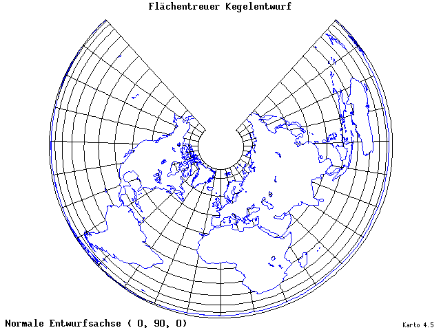 Conical Equal-Area Projection - 0°E, 90°N, 0° - wide