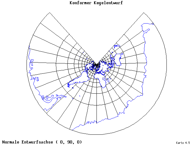 Conical Conformal Projection - 0°E, 90°N, 0° - wide