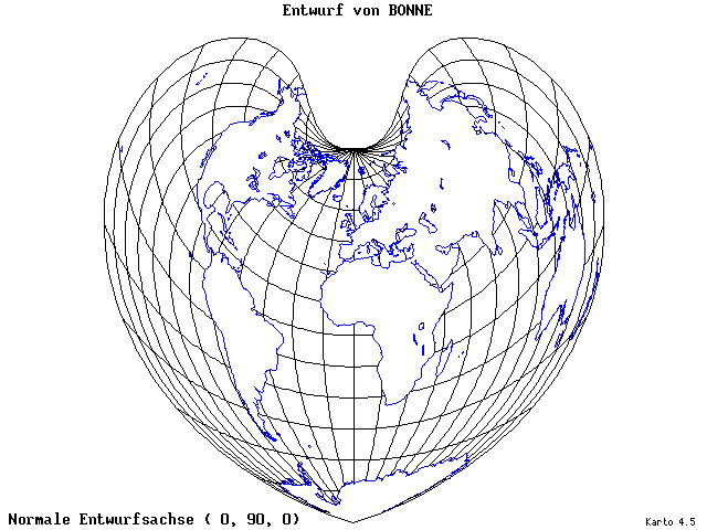 Bonne's Projection - 0°E, 90°N, 0° - wide