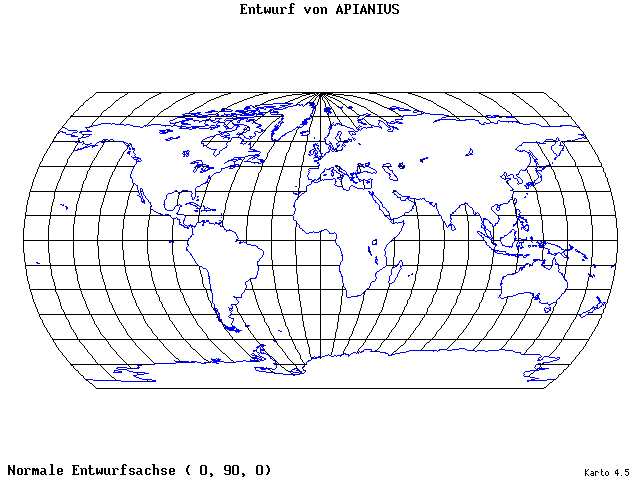 Apianius' Projection - 0°E, 90°N, 0° - wide