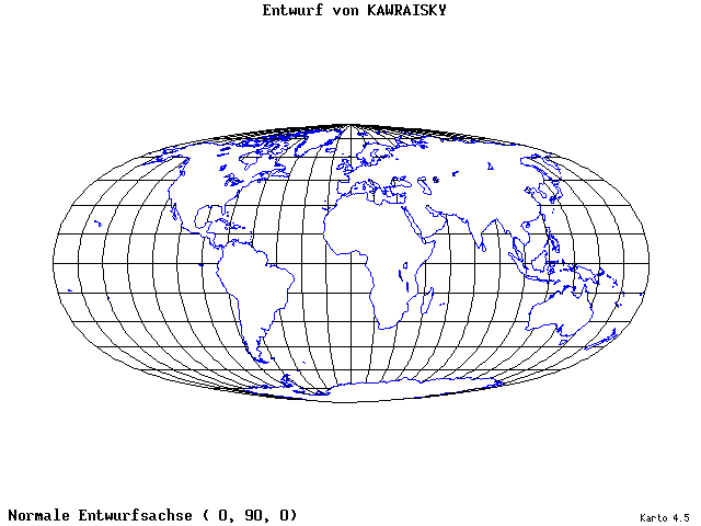Kavraisky's Projection - 0°E, 90°N, 0° - wide