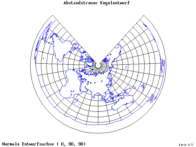 Conical Equidistant Projection - 0°E, 90°N, 90° - wide