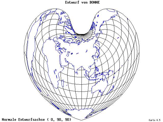 Bonne's Projection - 0°E, 90°N, 90° - wide