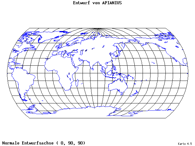 Apianius' Projection - 0°E, 90°N, 90° - wide
