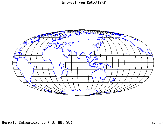 Kavraisky's Projection - 0°E, 90°N, 90° - wide