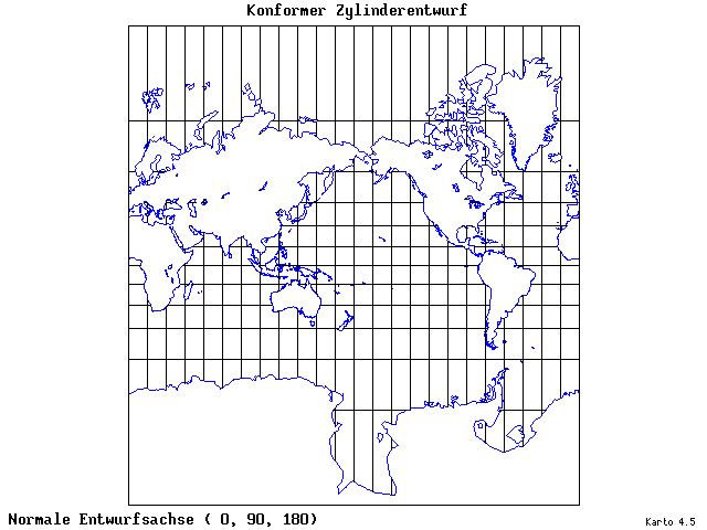 Mercator's Cylindrical Conformal Projection - 0°E, 90°N, 180° - wide