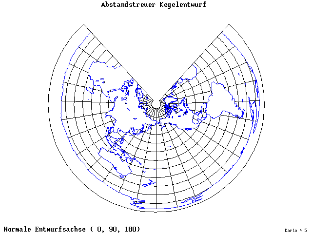 Conical Equidistant Projection - 0°E, 90°N, 180° - wide