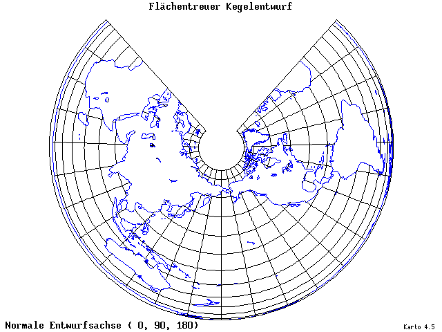 Conical Equal-Area Projection - 0°E, 90°N, 180° - wide