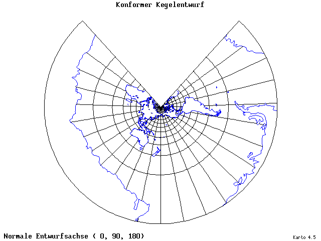 Conical Conformal Projection - 0°E, 90°N, 180° - wide