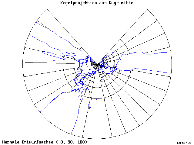 Conical Gnomonic Projection - 0°E, 90°N, 180° - wide