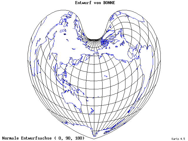 Bonne's Projection - 0°E, 90°N, 180° - wide
