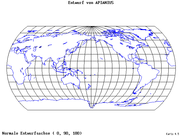 Apianius' Projection - 0°E, 90°N, 180° - wide