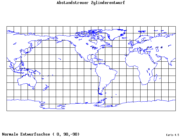 Cylindrical Equidistant Projection - 0°E, 90°N, 270° - wide
