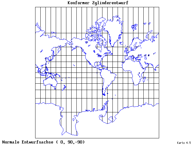 Mercator's Cylindrical Conformal Projection - 0°E, 90°N, 270° - wide