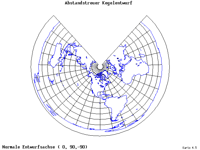 Conical Equidistant Projection - 0°E, 90°N, 270° - wide