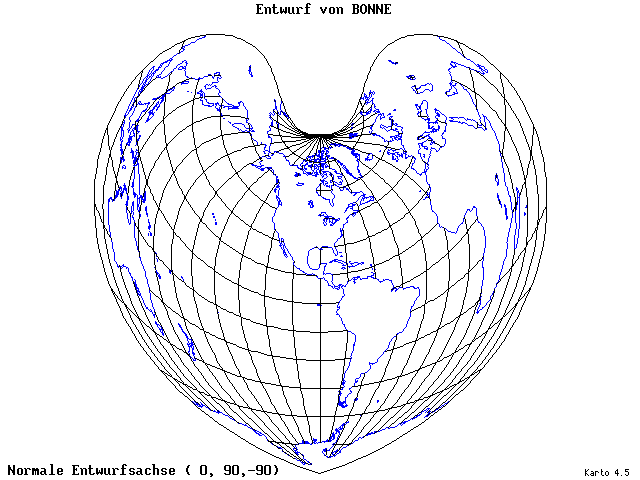 Bonne's Projection - 0°E, 90°N, 270° - wide