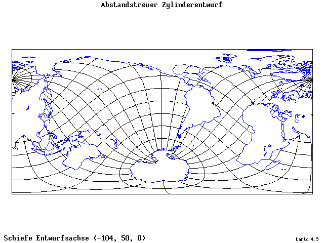 Cylindrical Equidistant Projection - 105°W, 50°N, 0° - standard