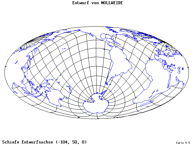 Mollweide's Projection - 105°W, 50°N, 0° - standard