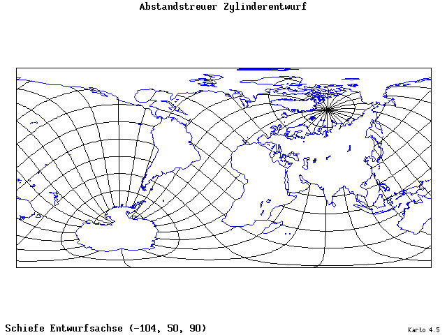 Cylindrical Equidistant Projection - 105°W, 50°N, 90° - standard