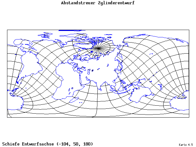 Cylindrical Equidistant Projection - 105°W, 50°N, 180° - standard