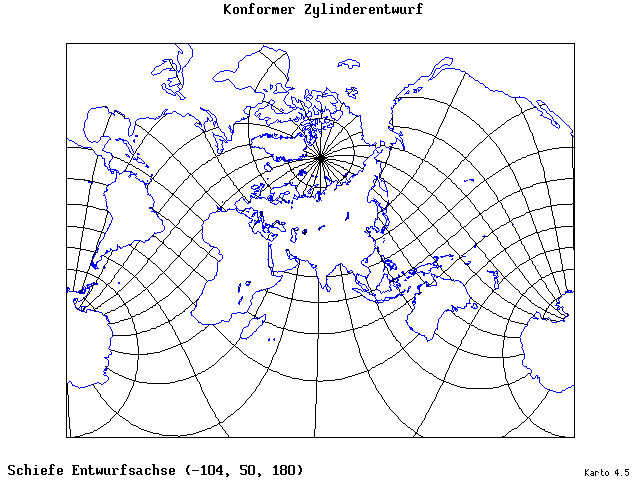 Mercator's Cylindrical Conformal Projection - 105°W, 50°N, 180° - standard