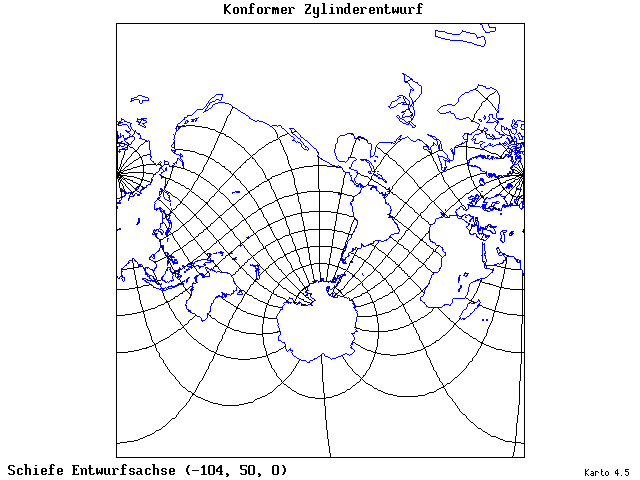 Mercator's Cylindrical Conformal Projection - 105°W, 50°N, 0° - wide