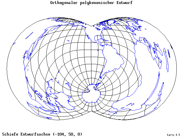 Polyconic Projection (orthogonal grid) - 105°W, 50°N, 0° - wide