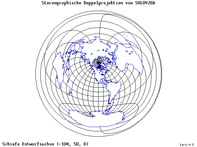Solovjev's Double-Stereographic Projection - 105°W, 50°N, 0° - wide