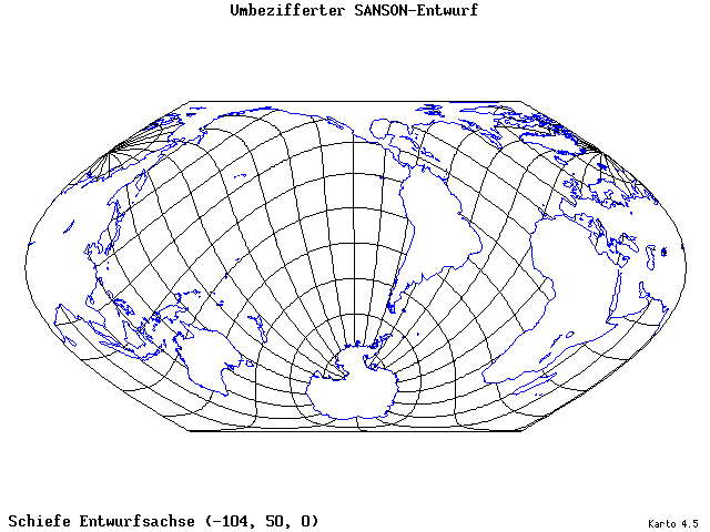 Sanson's Projection (modified) - 105°W, 50°N, 0° - wide