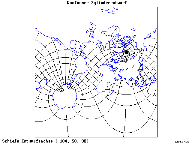 Mercator's Cylindrical Conformal Projection - 105°W, 50°N, 90° - wide