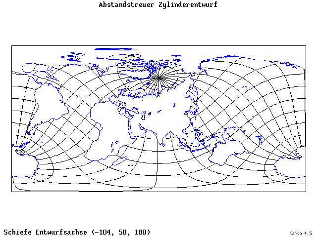 Cylindrical Equidistant Projection - 105°W, 50°N, 180° - wide